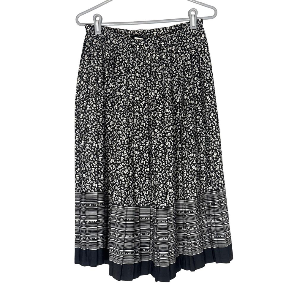 Vintage Black White Pleated Floral Midi Skirt Medium Cottagecore Elastic Waist